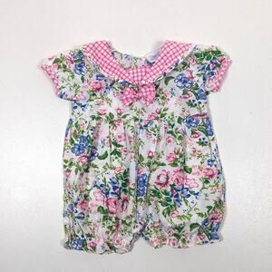 Vtg Small Steps Bubble Romper Baby Girls Sz 3-6m Pink Floral Gingham Outfit 90s